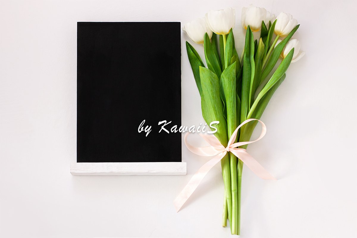 Black chalk board mockup with white tulip flowers template example image 1