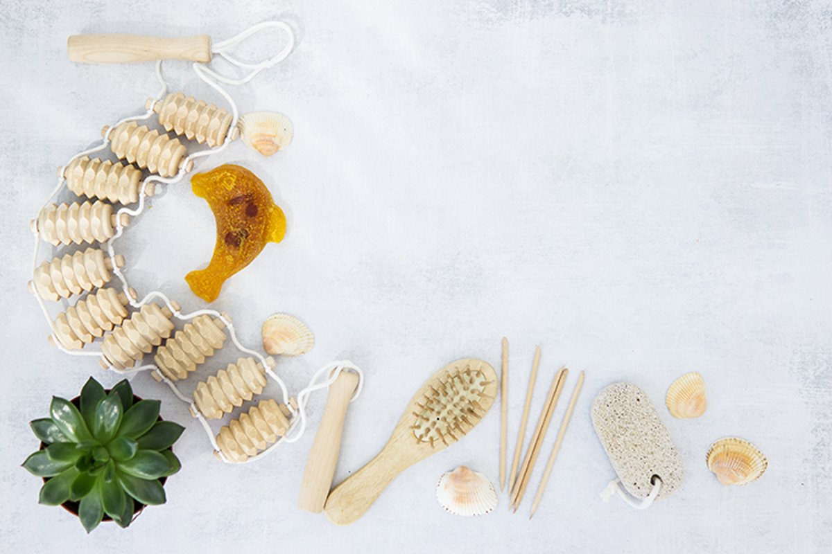 Zero waste set for bathing on a light concrete background. example image 1