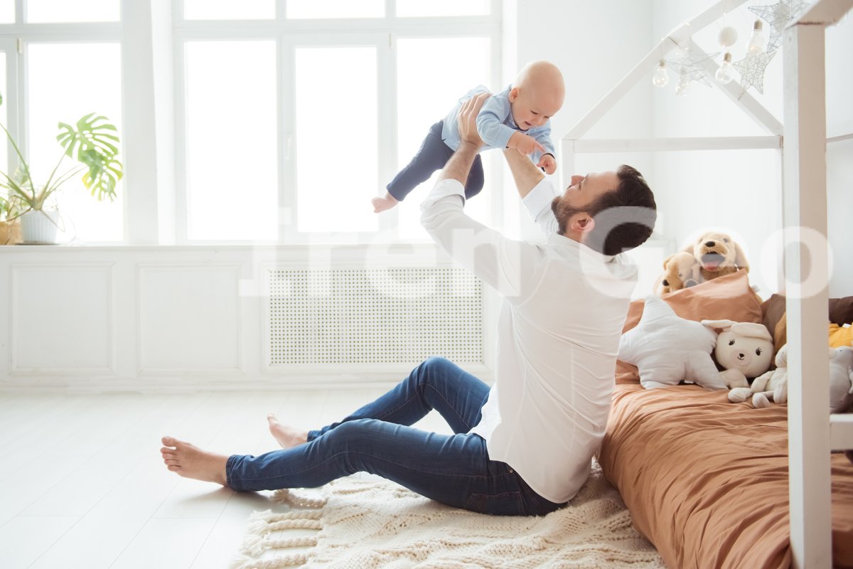 Happy father holding little baby son. Fatherhood example image 1