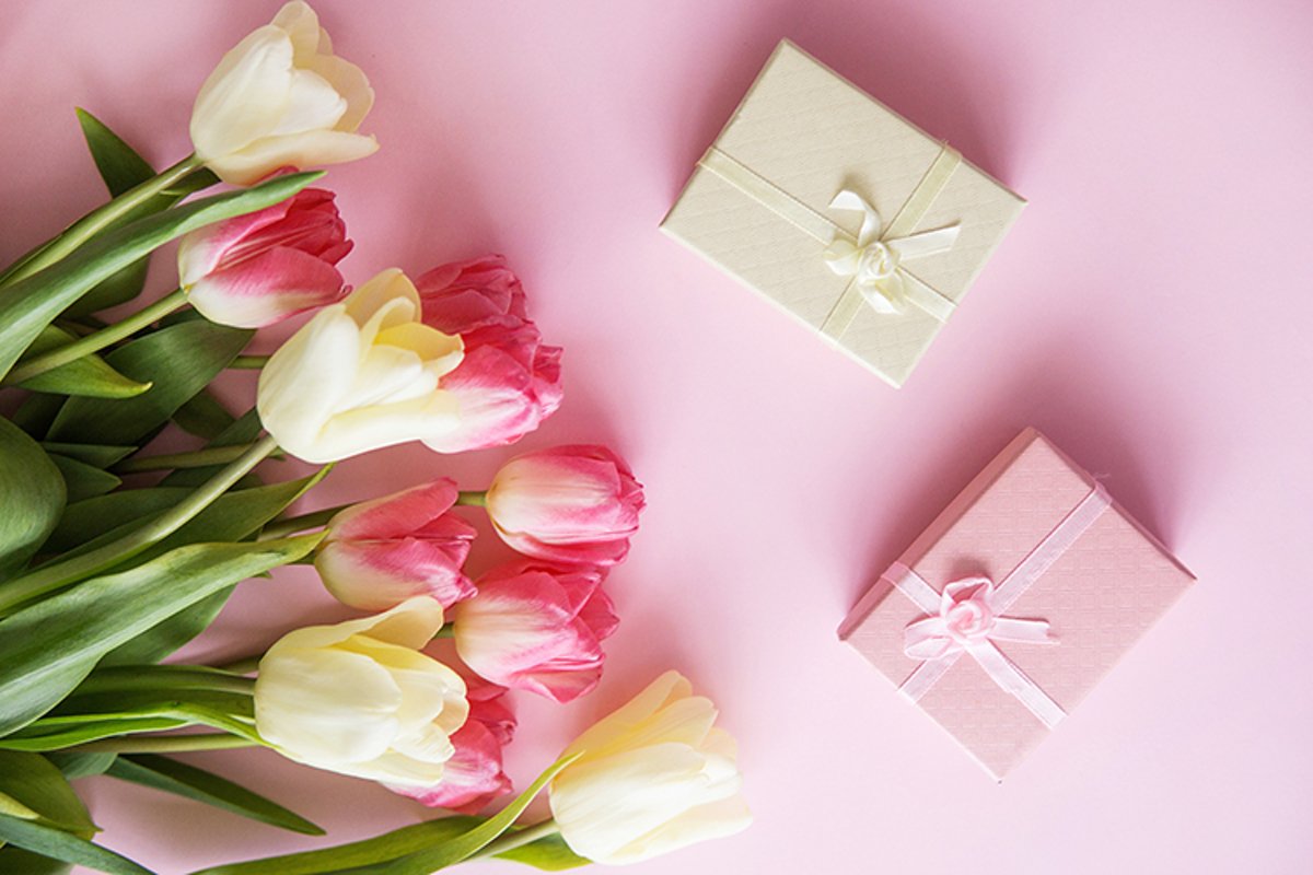 Yellow Tulip flowers are arranged on a pink background. example image 1