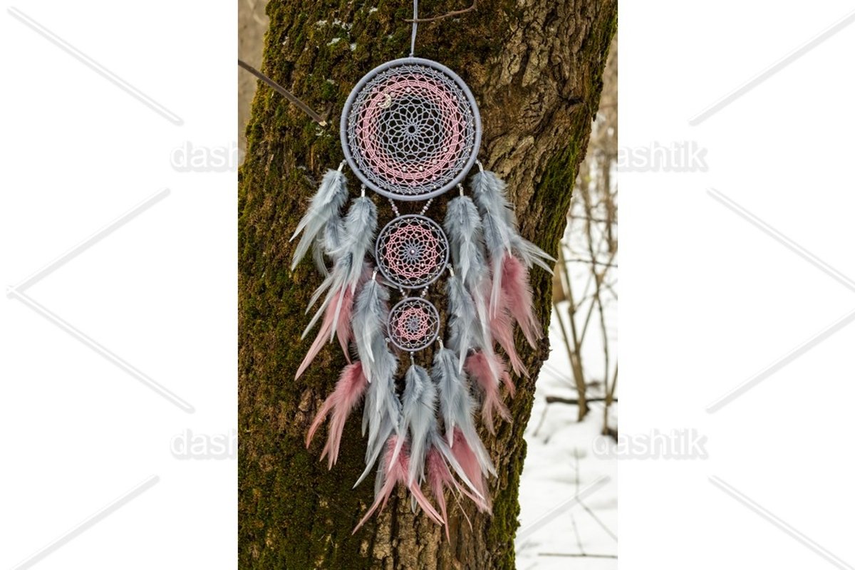 Dream catcher with feathers threads and beads rope hanging example image 1