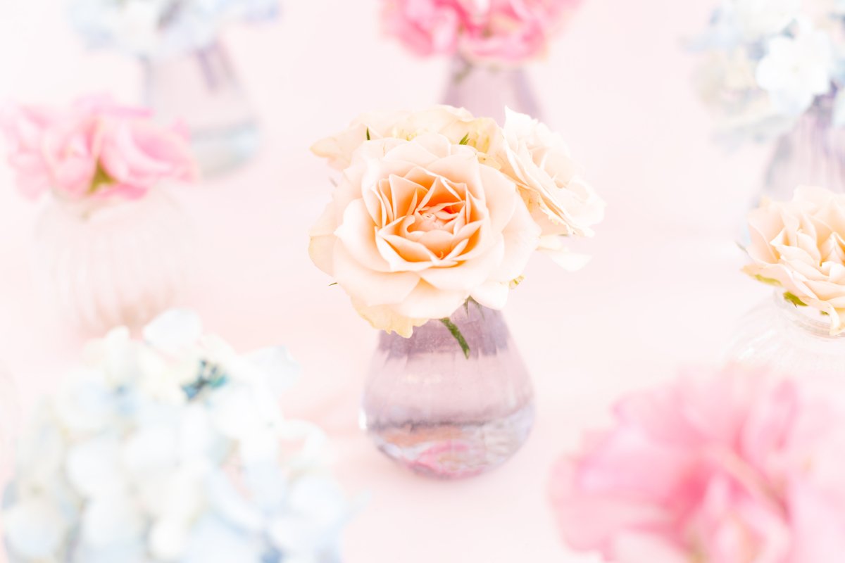 Blue hydrangea,pink sweet pea Lathyrus,roses in crystal vase example image 1