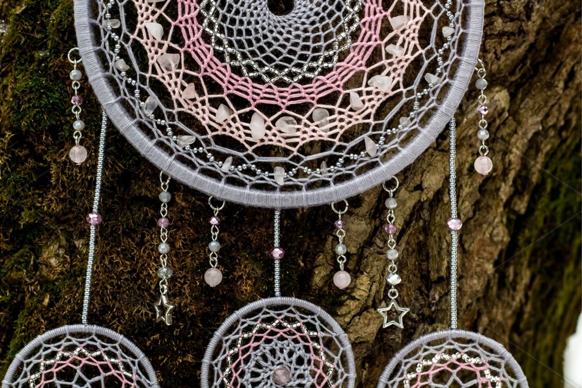 Dream catcher with feathers threads and beads rope hanging example image 1