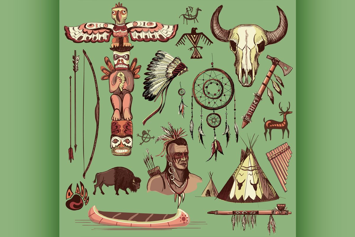 Collection of hand drawn wild west american indian icons example image 1
