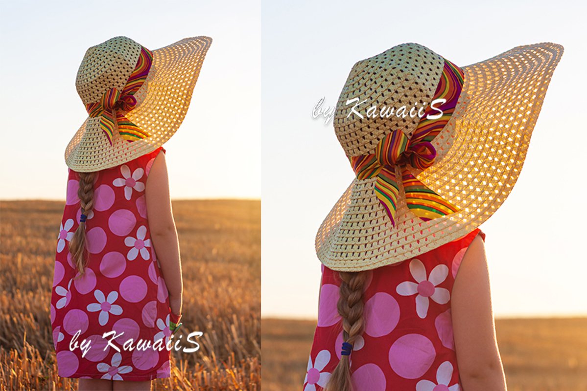 Child girl in staw hat in wheat field on countryside sunset example image 1