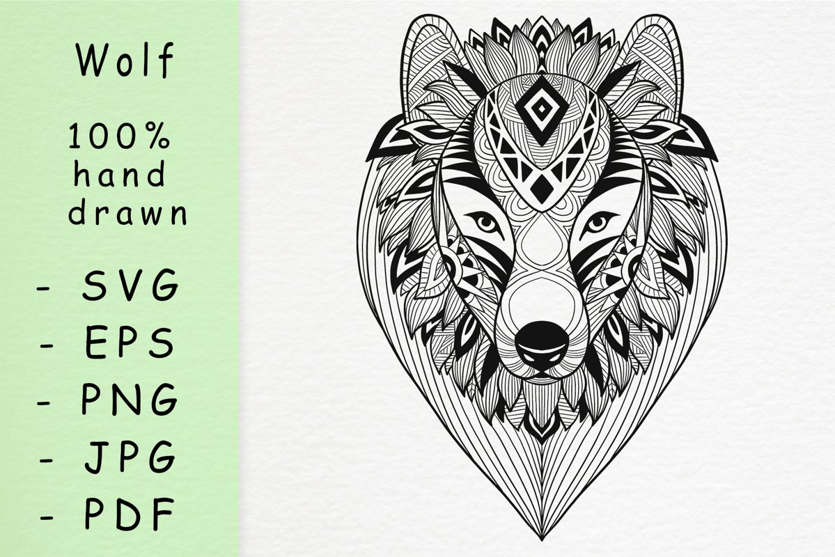 Hand drawn wolf head with patterns example image 1