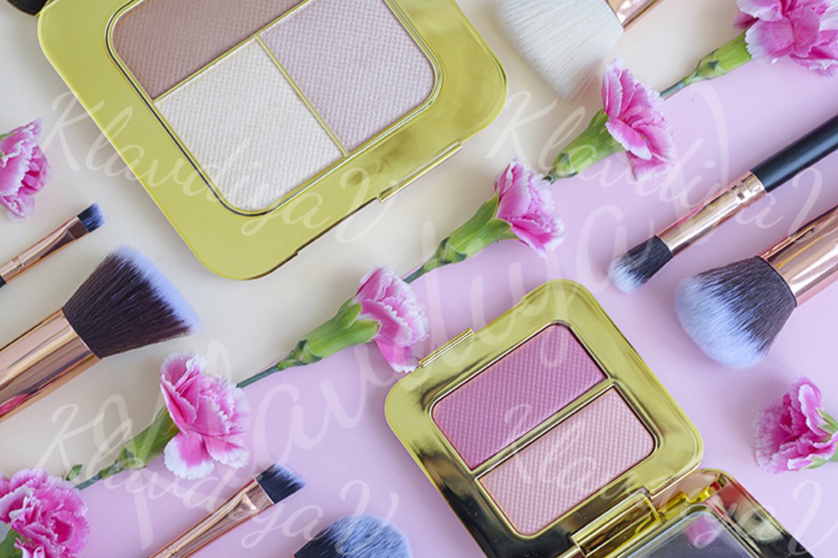 premium makeup brushes and blush on a colored background example image 1