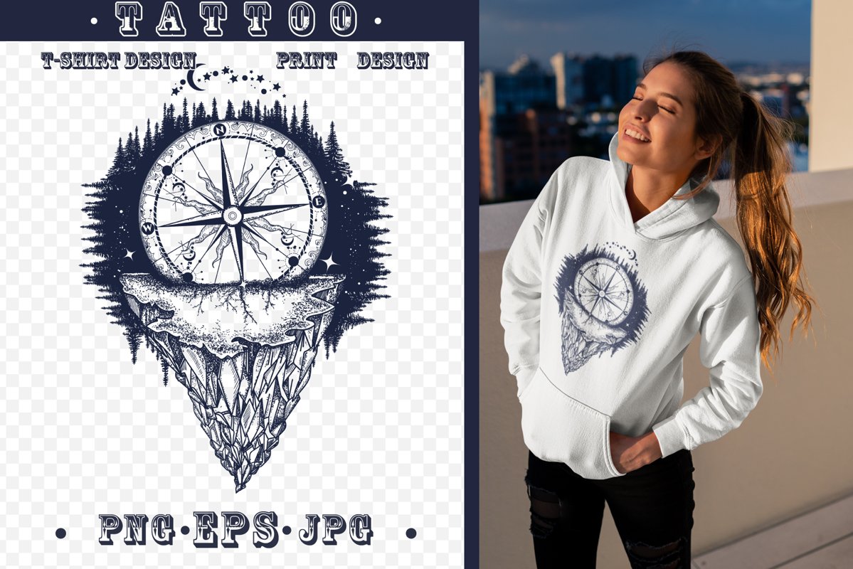 Mountains and compass tattoo example image 1