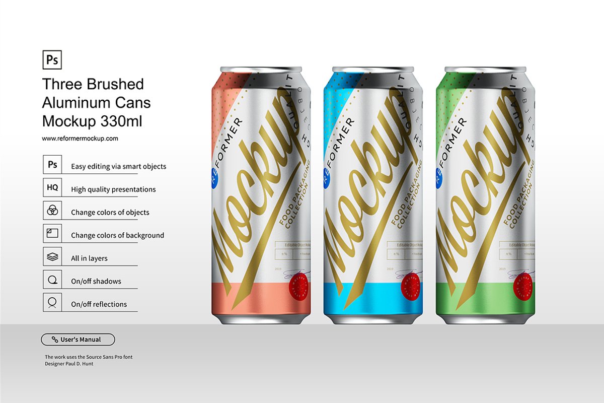 Three Brushed Aluminum Cans Mockup 330ml example image 1