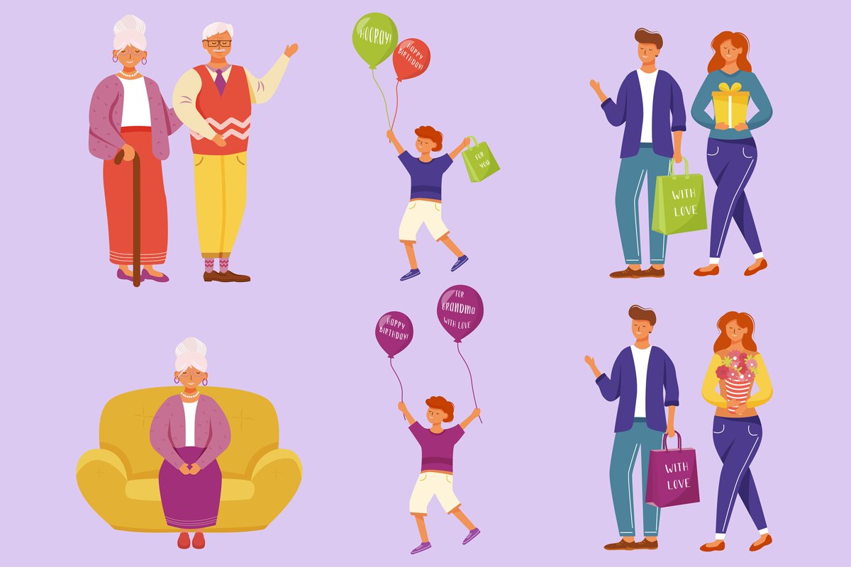 Family birthday party flat vector illustrations set example image 1