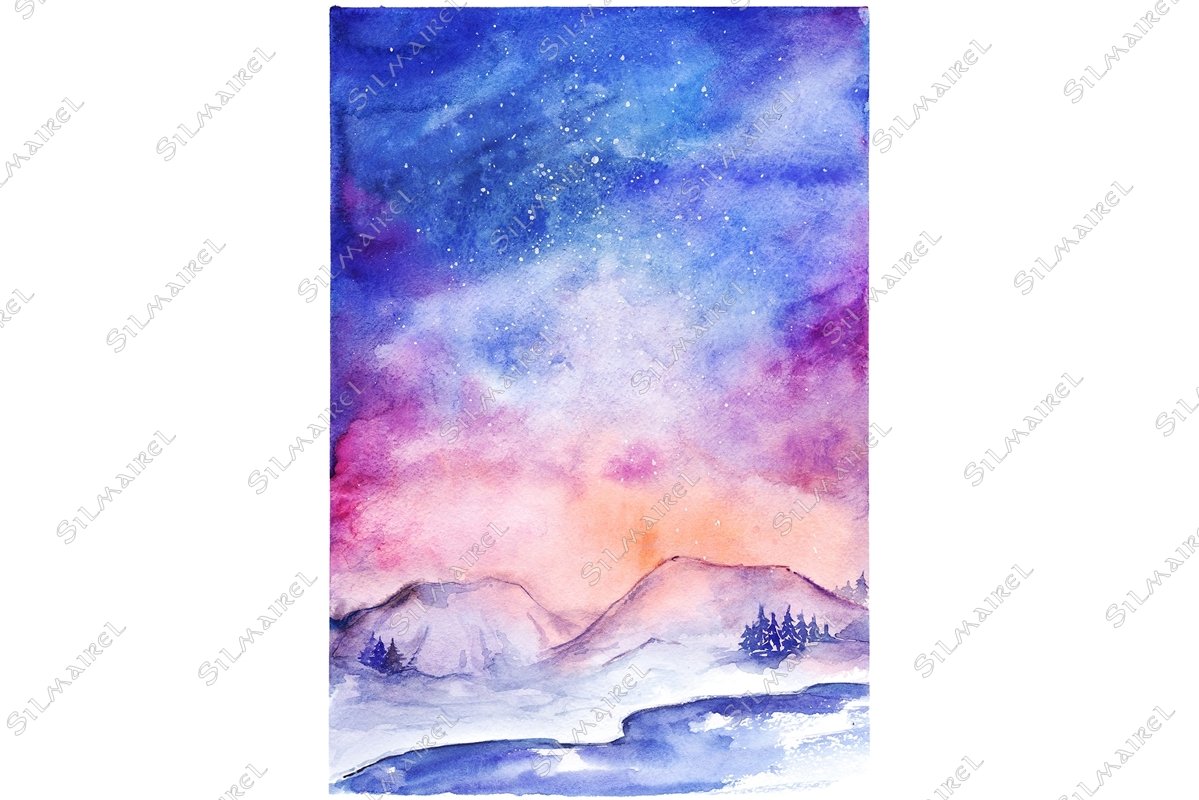 Watercolor northern lights nature snow winter landscape example image 1