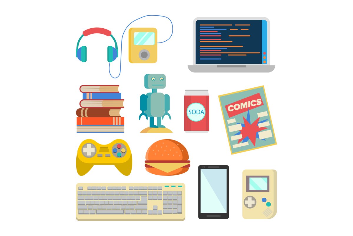 Nerd Items Set Vector. Geek Accessories. Headphones, Player, example image 1