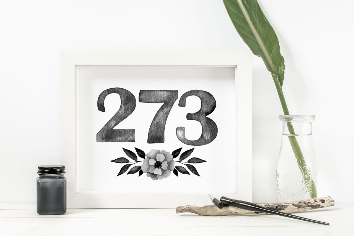 Black watercolor number cliparts with flower arrangements example image 1