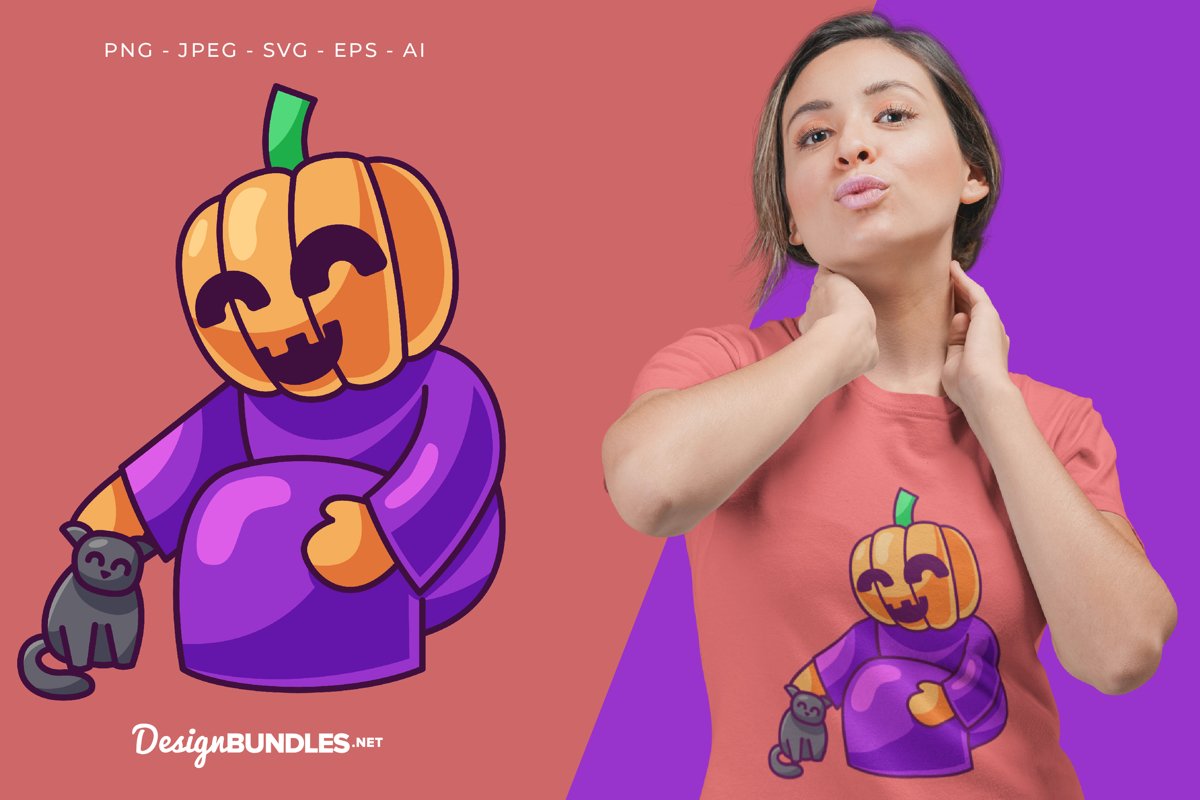 A Pumpkin with A Cat Vector Illustration For T-Shirt Design example image 1