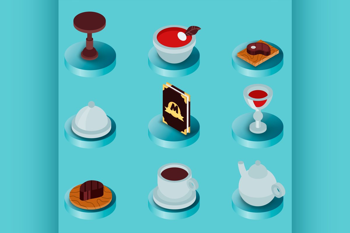 Restaurant flat isometric icons example image 1