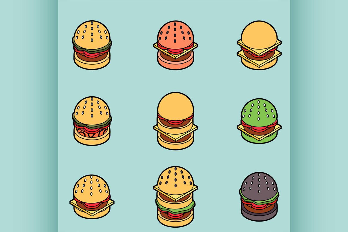 Burgers color outline isometric icons example image 1