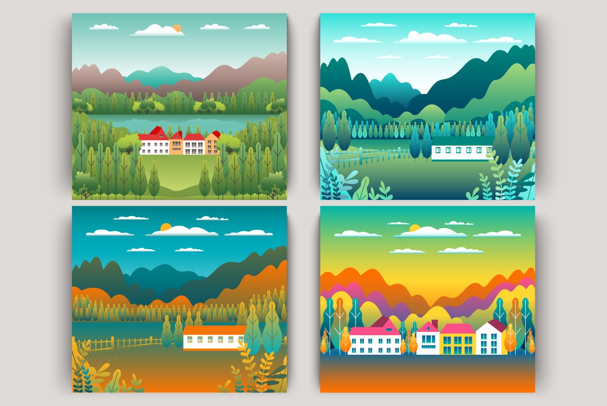 Hills, mountains and farm countryside landscape illustration example image 1