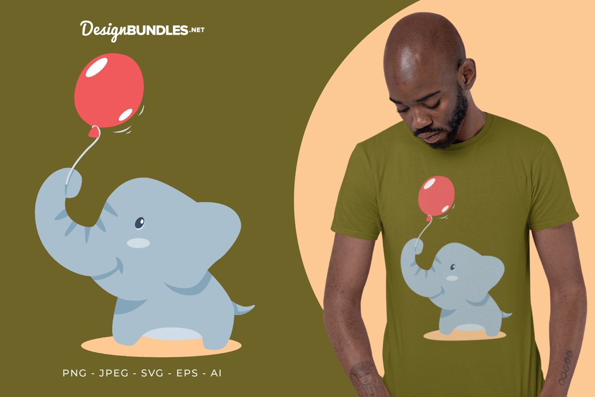 Elephant and Red Balloon Vector Illustration For T-Shirt example image 1