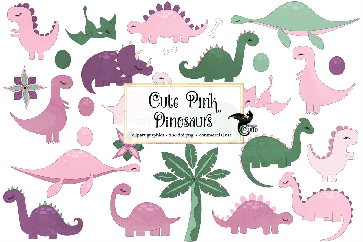 Cute Pink Dinosaurs Clip Art example image 1