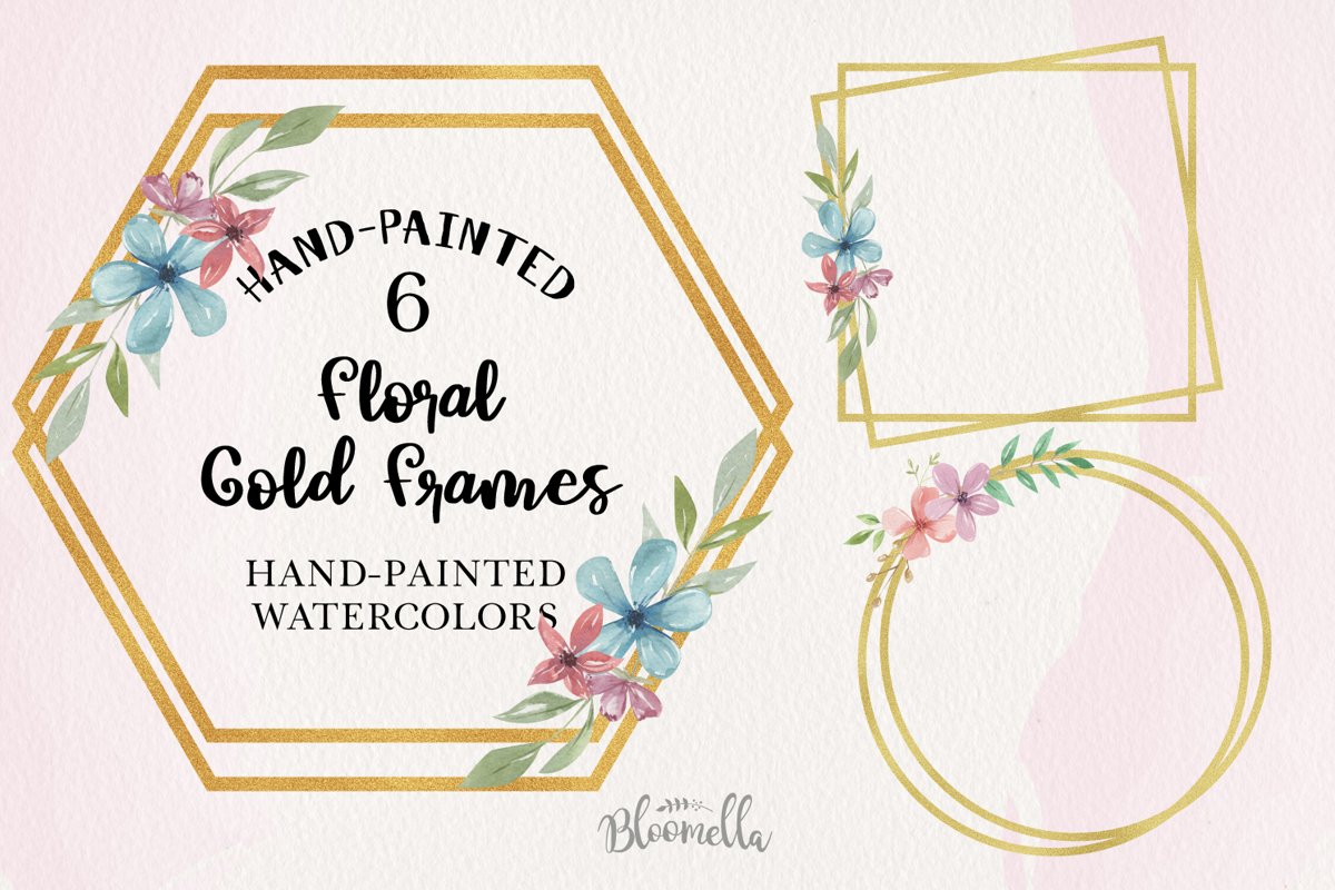 Flroal Gold 6 Frames Watercolor Flower Wedding Watercolor example image 1