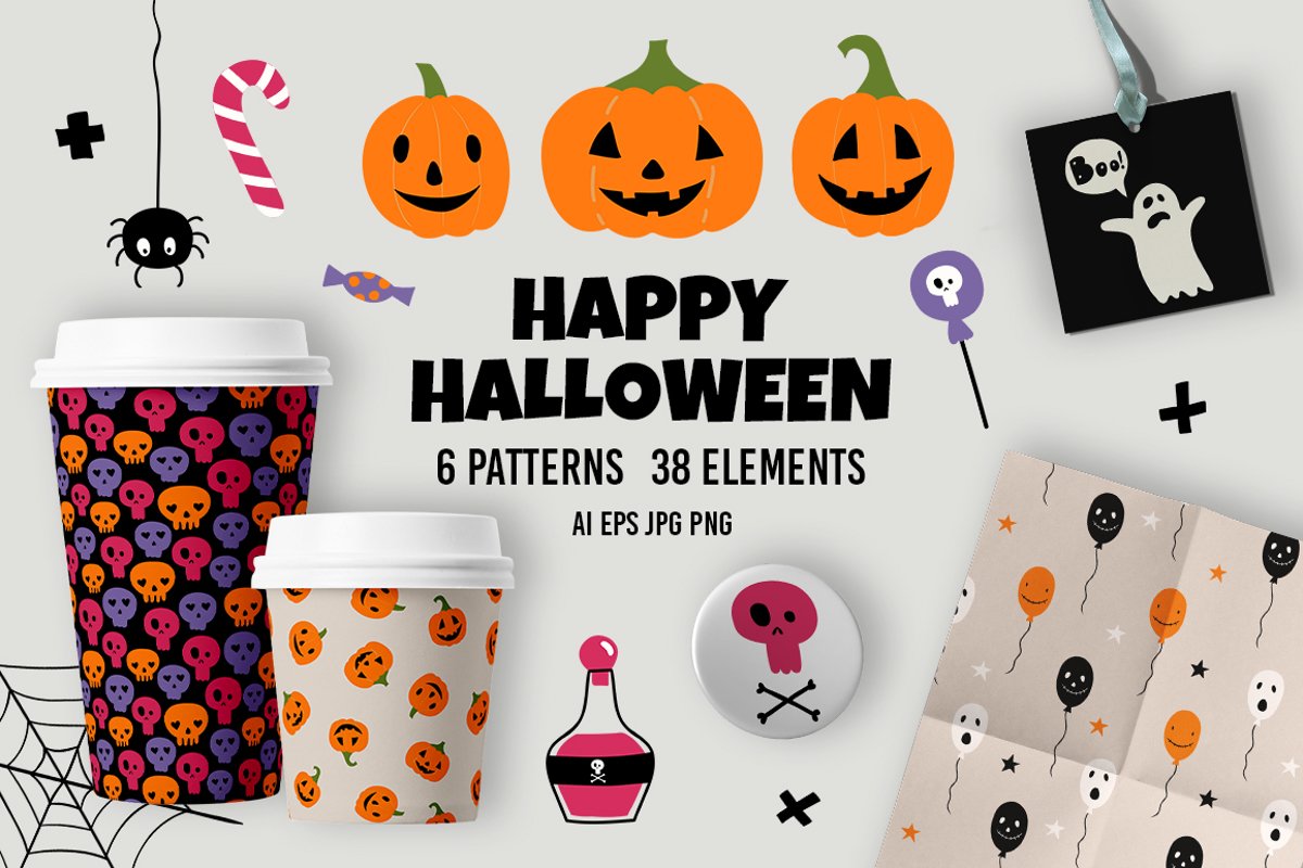 Halloween set. Seamless vector patterns and 38 elements. example image 1