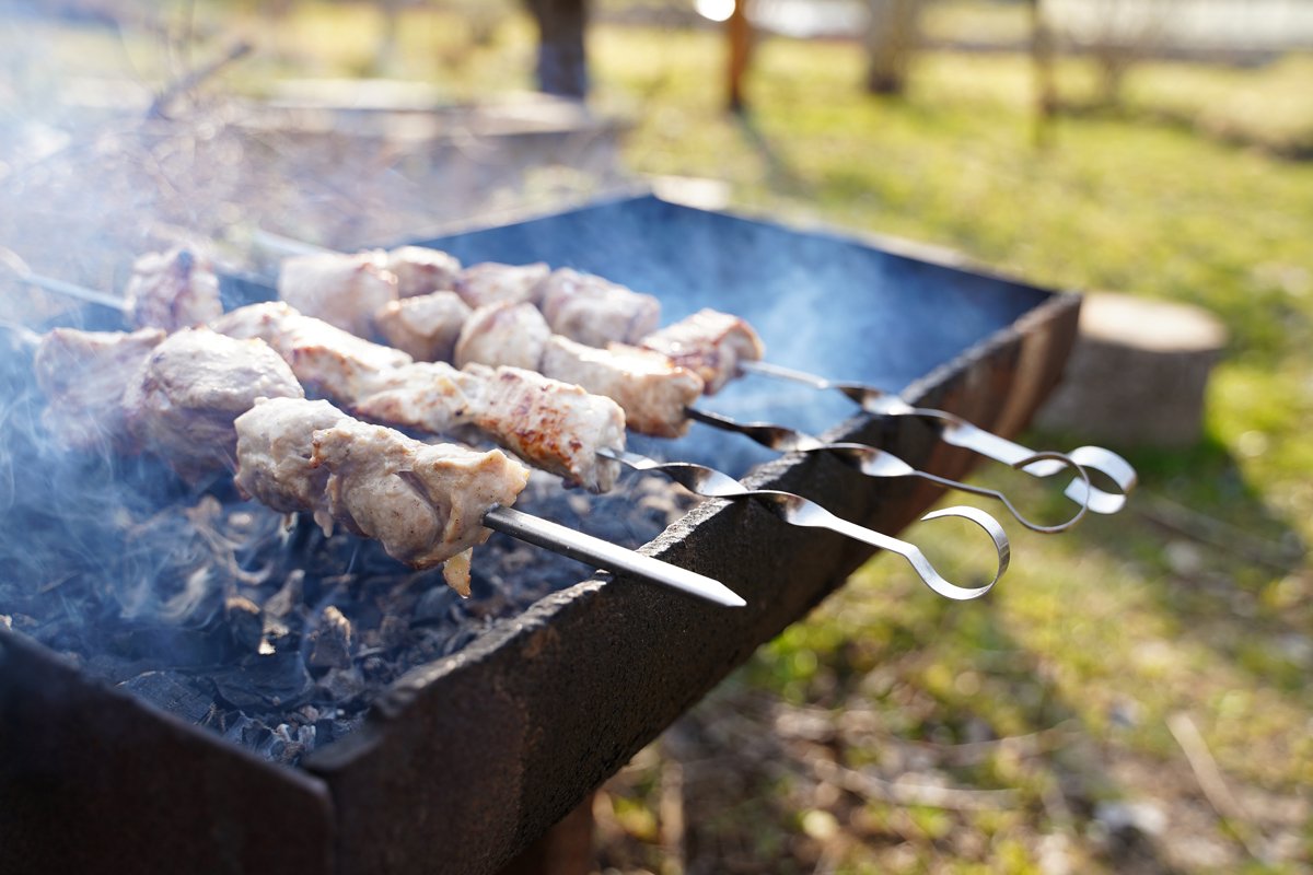 BBQ pork, beef meat, fried in barbecue. Grill on skewers example image 1