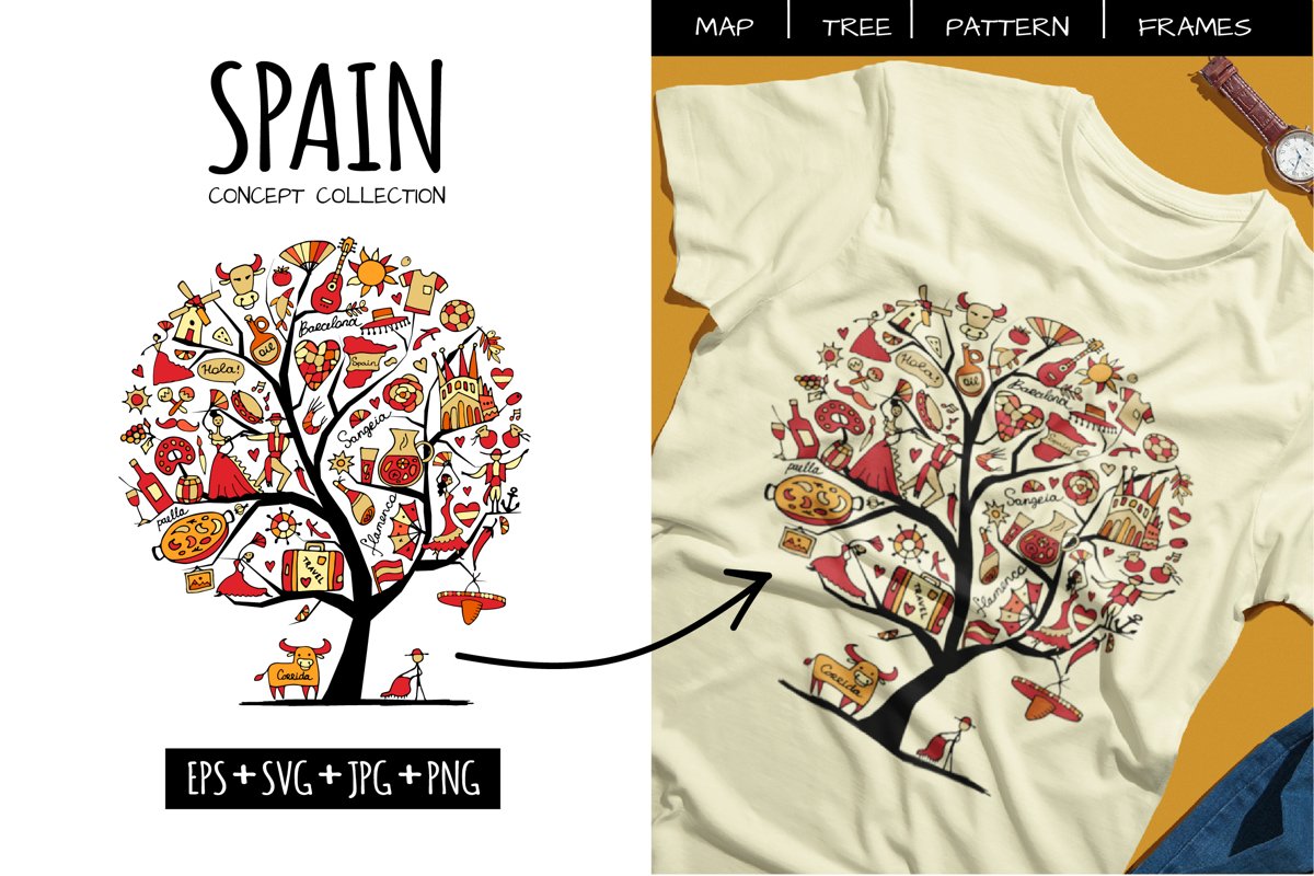 Spain set in one style - tree, pattern, heart, frame example image 1