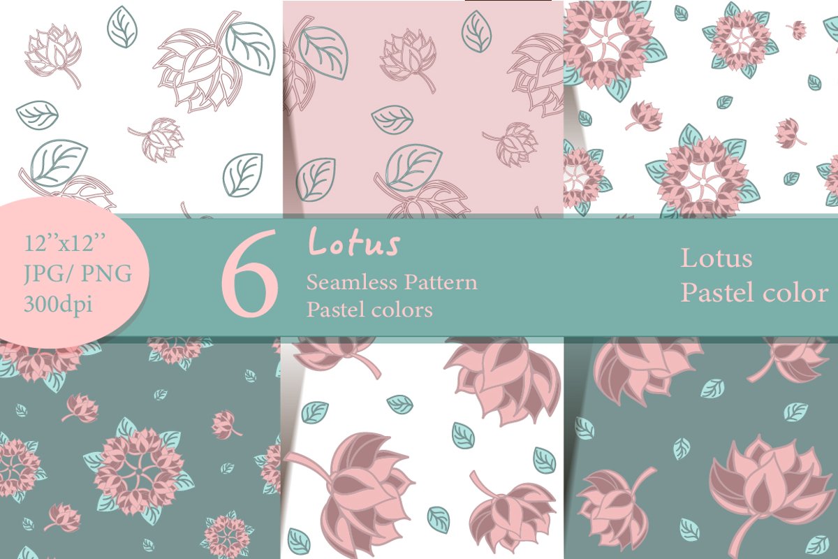 6 Lotus Digital Paper/Pattern in pastel colors. example image 1