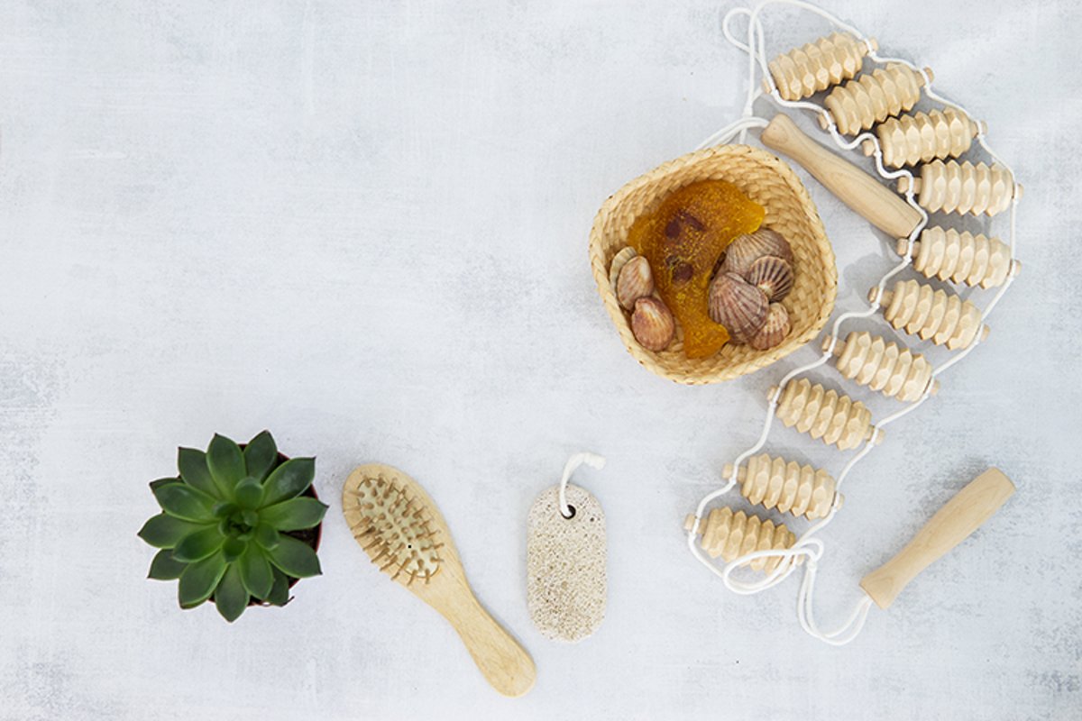 Zero waste set for bathing on a light concrete background. example image 1