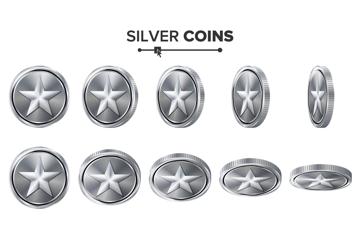 Game 3D Silver Coin Vector With Star. Flip Different Angles. example image 1