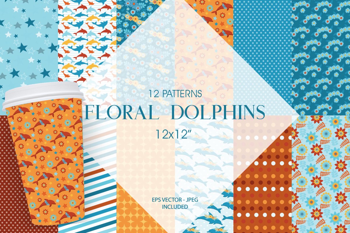 Floral Dolphins Pattern collection, vector ai, eps and example image 1