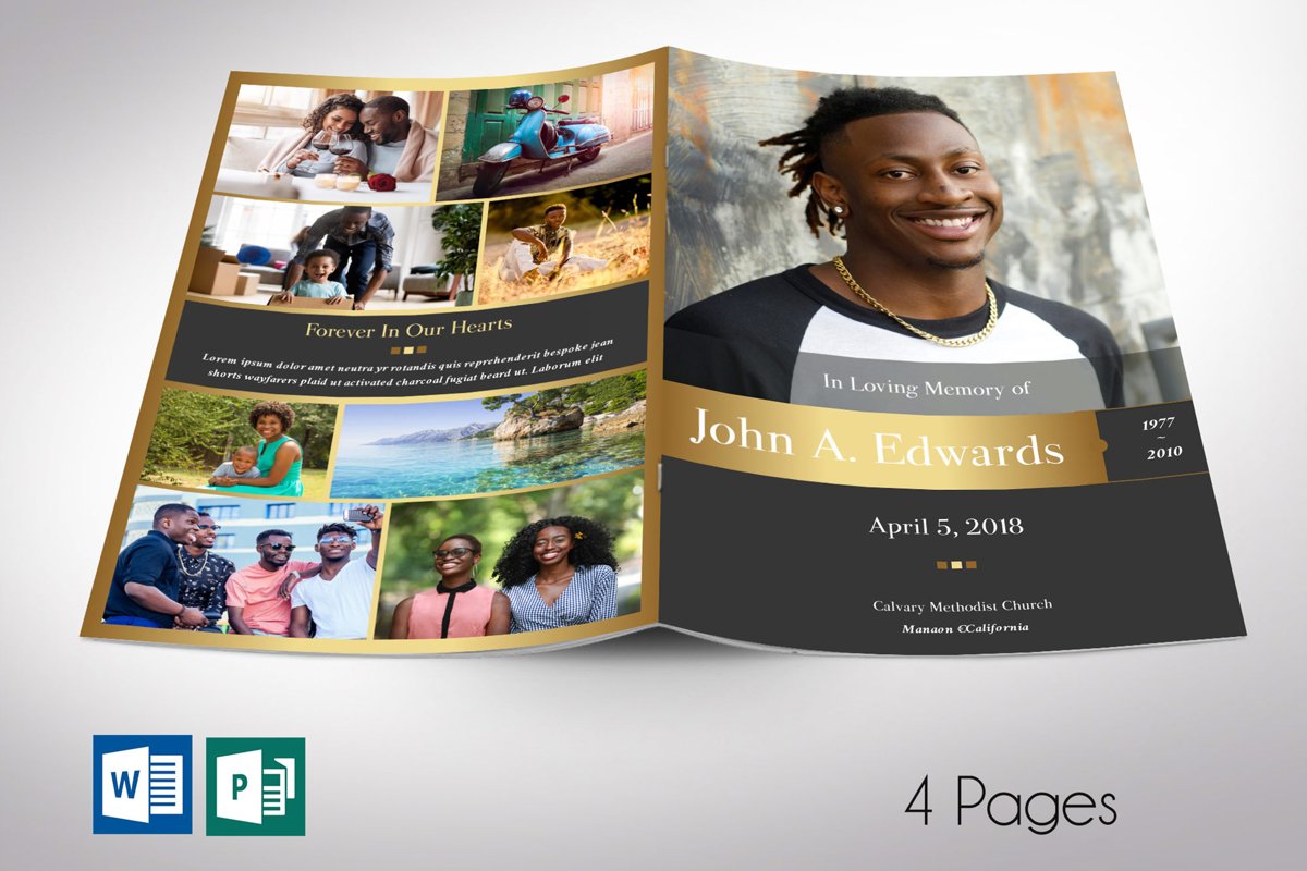 Remember Gold Funeral Program Word Publisher Template example image 1