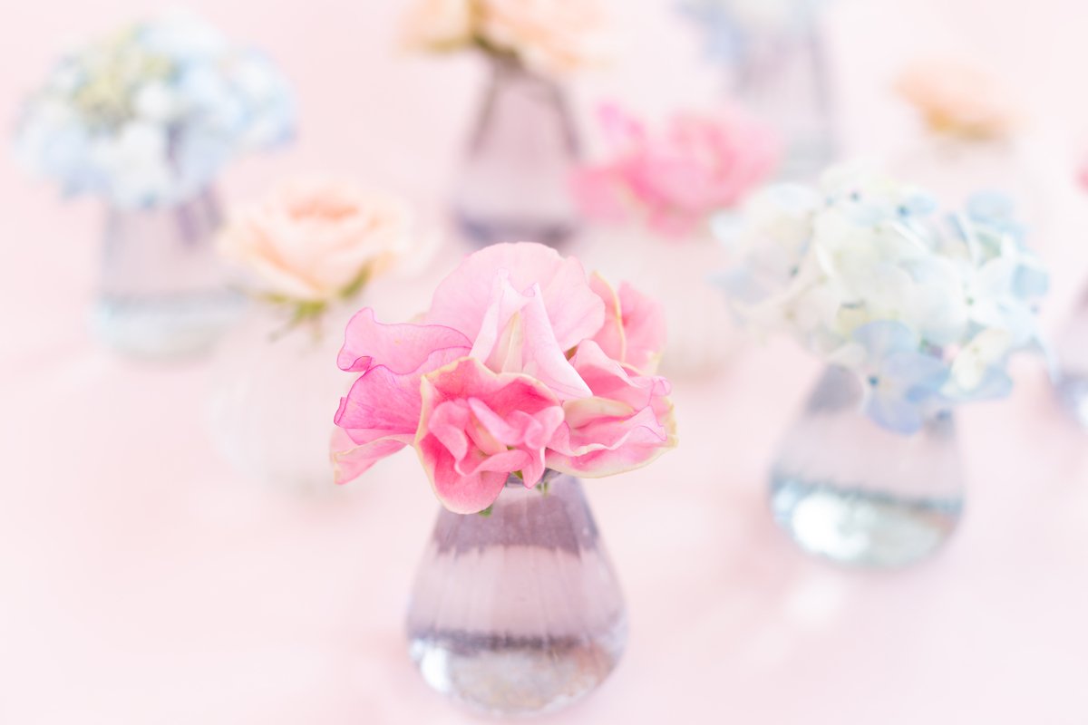 Blue hydrangea,pink sweet pea Lathyrus,roses in crystal vase example image 1
