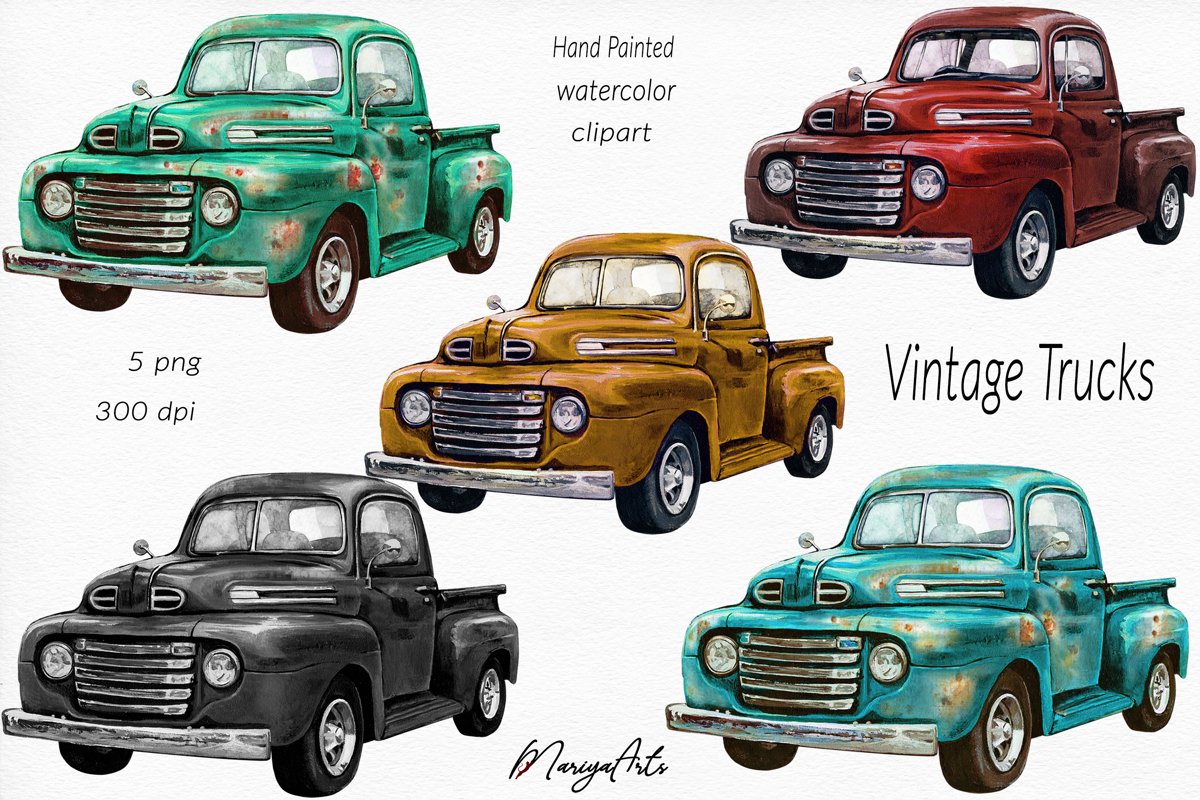 Vintage Rusted Trucks, Pickup, Blue, Gold, Green, Red, Black example image 1