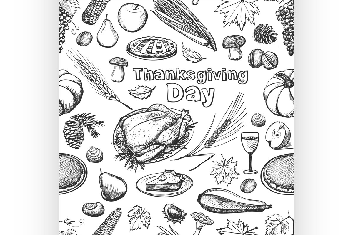 Hand drawn sketch Thanksgiving Day seamless pattern. Vector example image 1