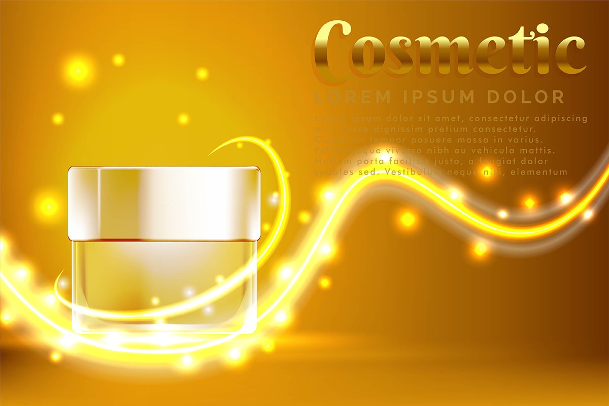 cream jar cosmetic products ad, with shiny gold background example image 1
