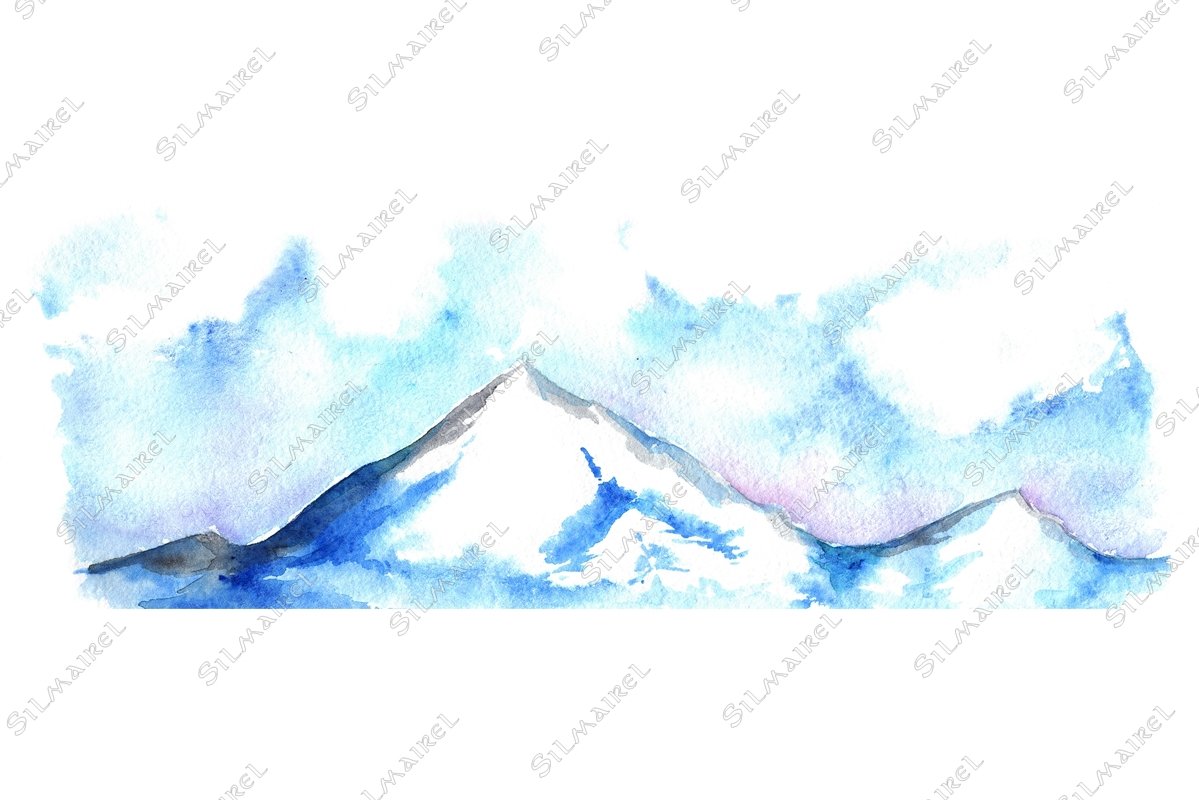 Watercolor North winter ice mountain landscape hand drawn example image 1