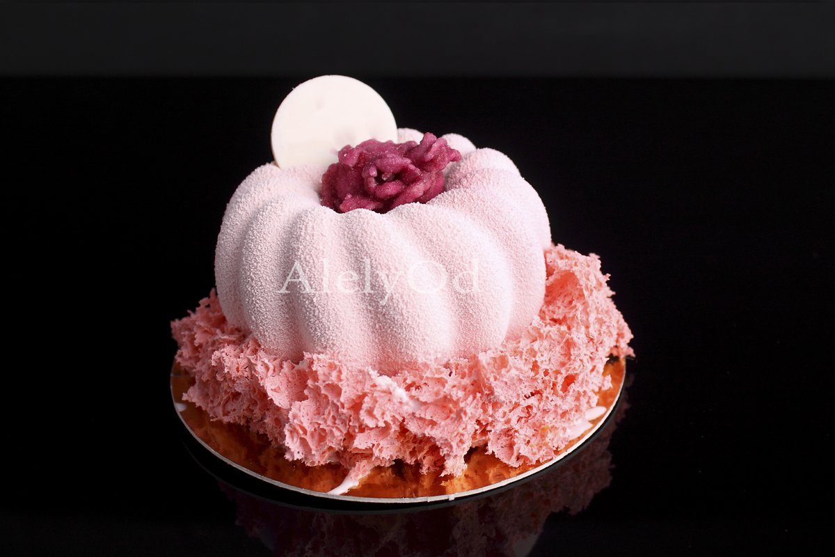 Pink cake with berry mousse in velvet glaze example image 1