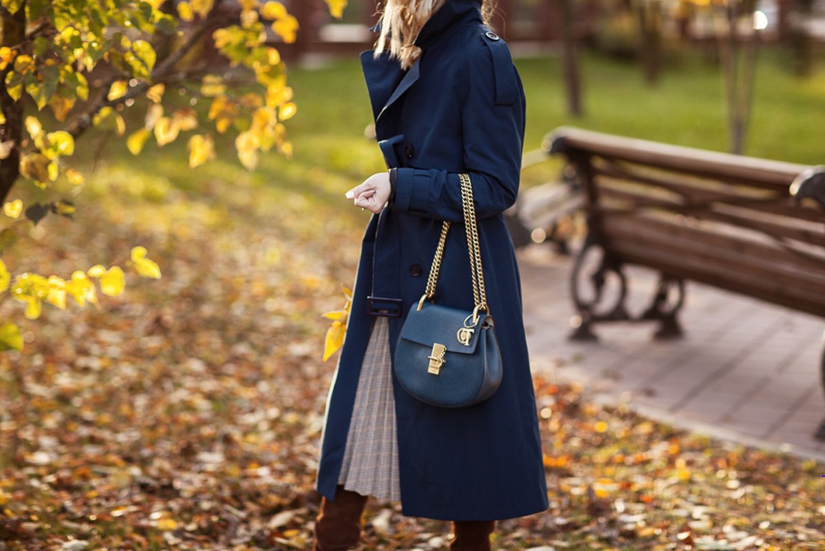 Stylish woman in a blue coat. Autumn, clothing details example image 1