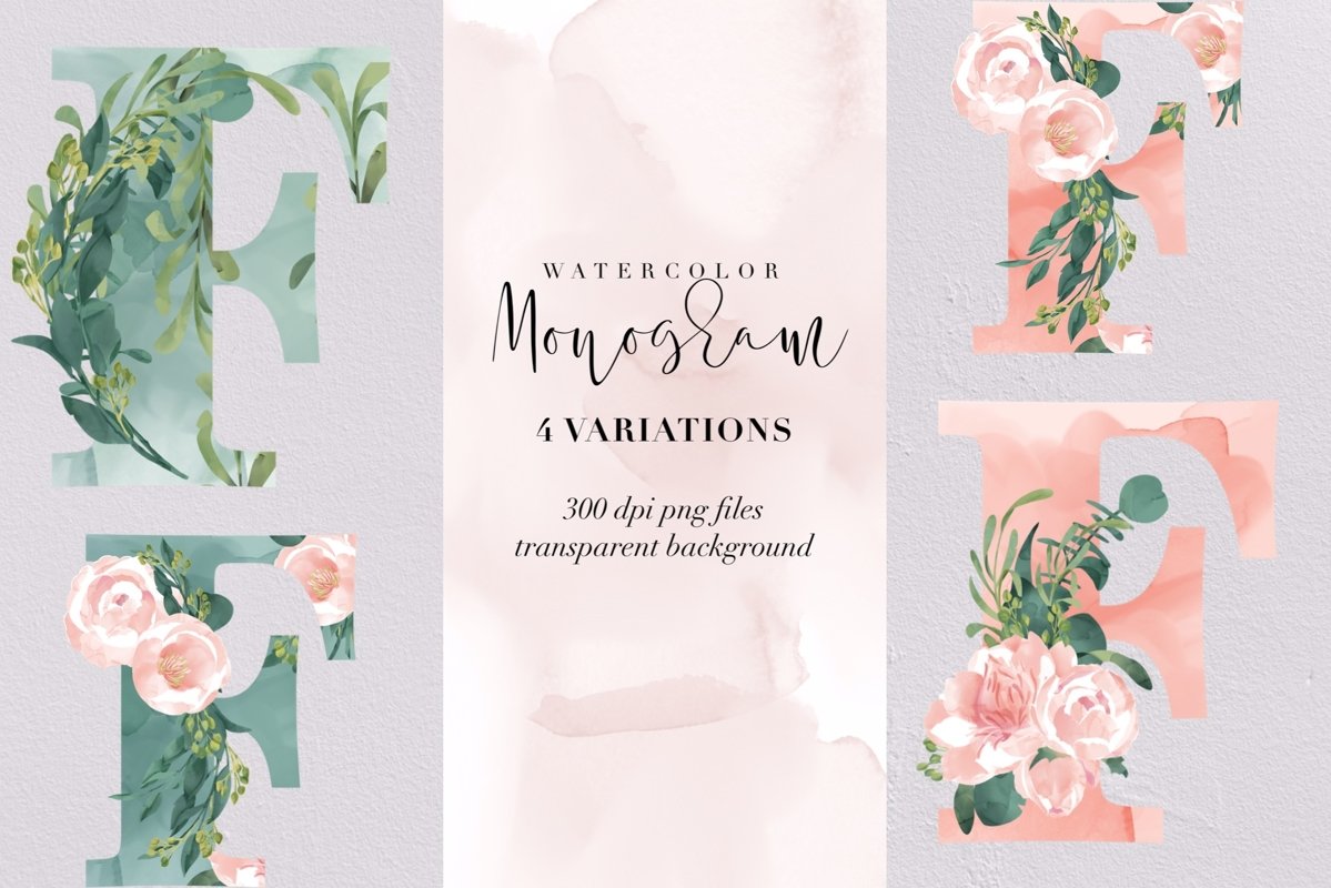 Letter F watercolor monogram, floral monogram PNG, botanical example image 1
