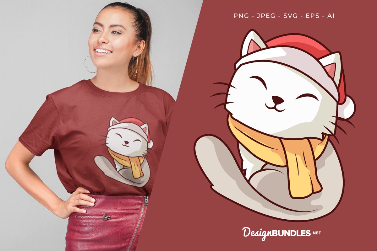 Smiling White Cat with Santa Hat Illustration For T-Shirt example image 1