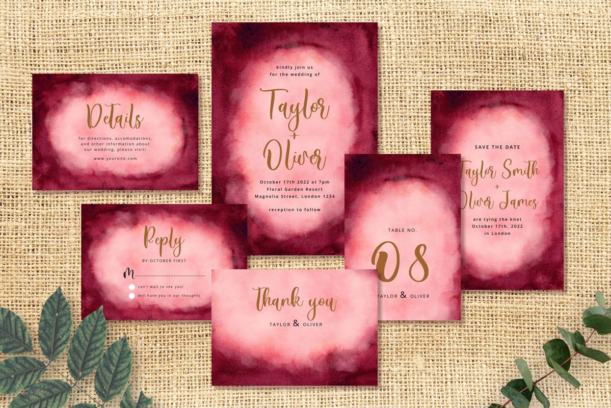 Abstract Maroon Background Wedding Invitation Set