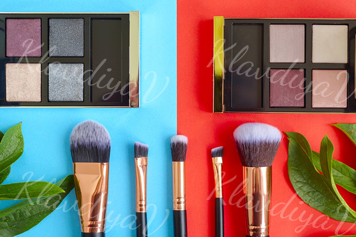 premium makeup brushes and blush on a colored background example image 1