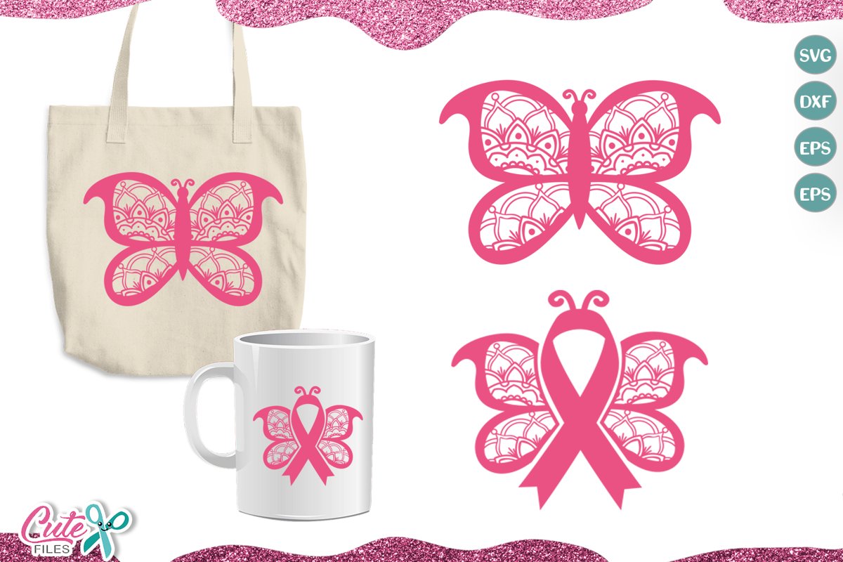 Butterfly and ribbon cancer SVG cut file for crafters example image 1