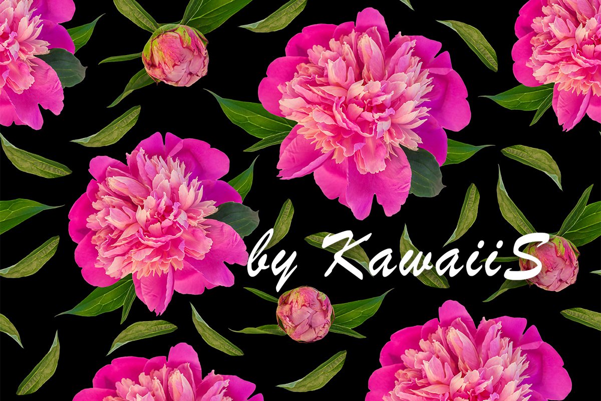 Pink peony flowers with green leaves seamless pattern black example image 1