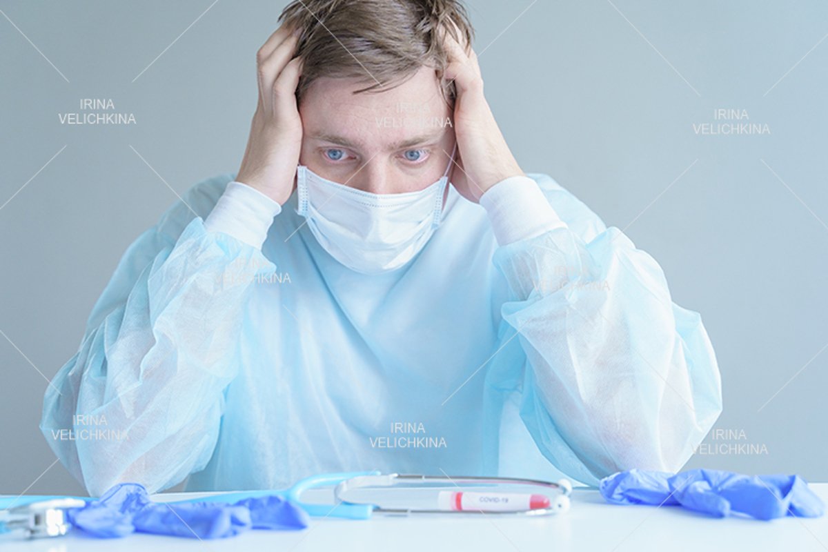 Doctor, patient in medical disposable hat, robe. Face mask example image 1