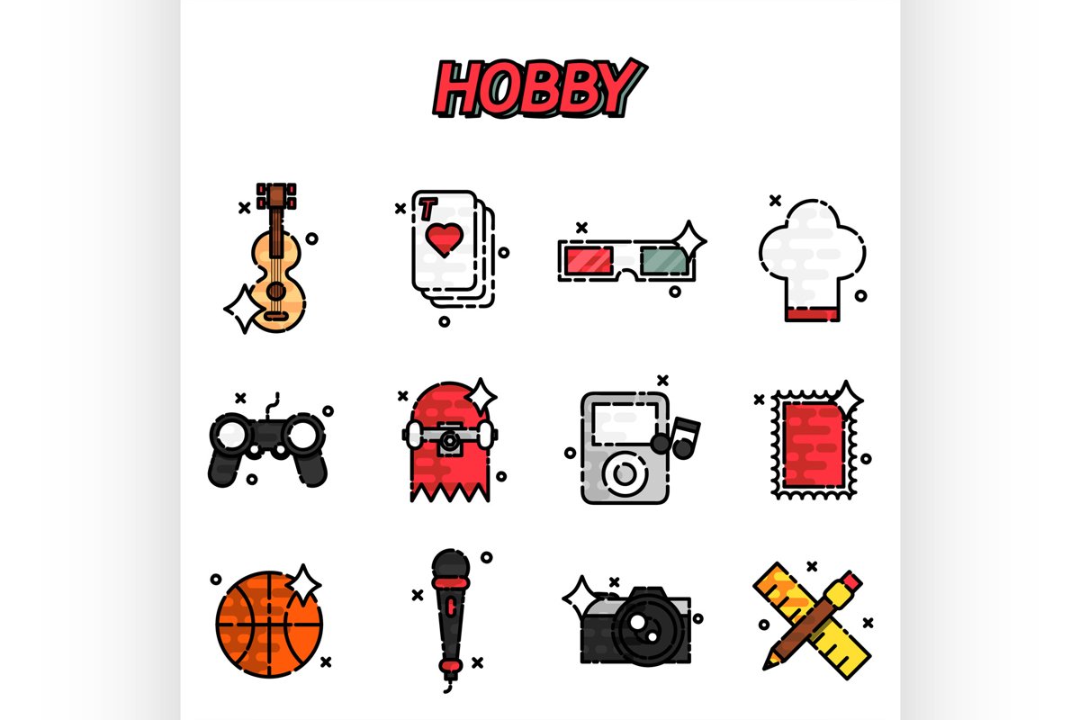 Hobby flat icons set example image 1