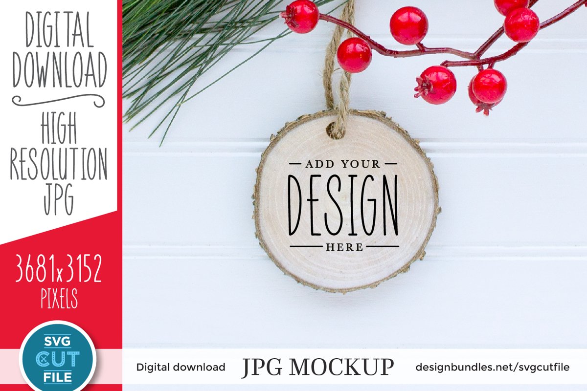Round Wood Ornament Mockup, Christmas round wood slice mock example image 1