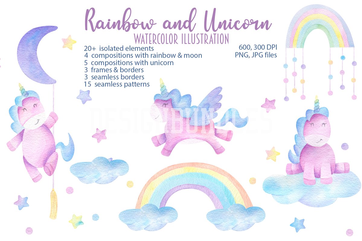 Watercolor unicorn and rainbow example image 1