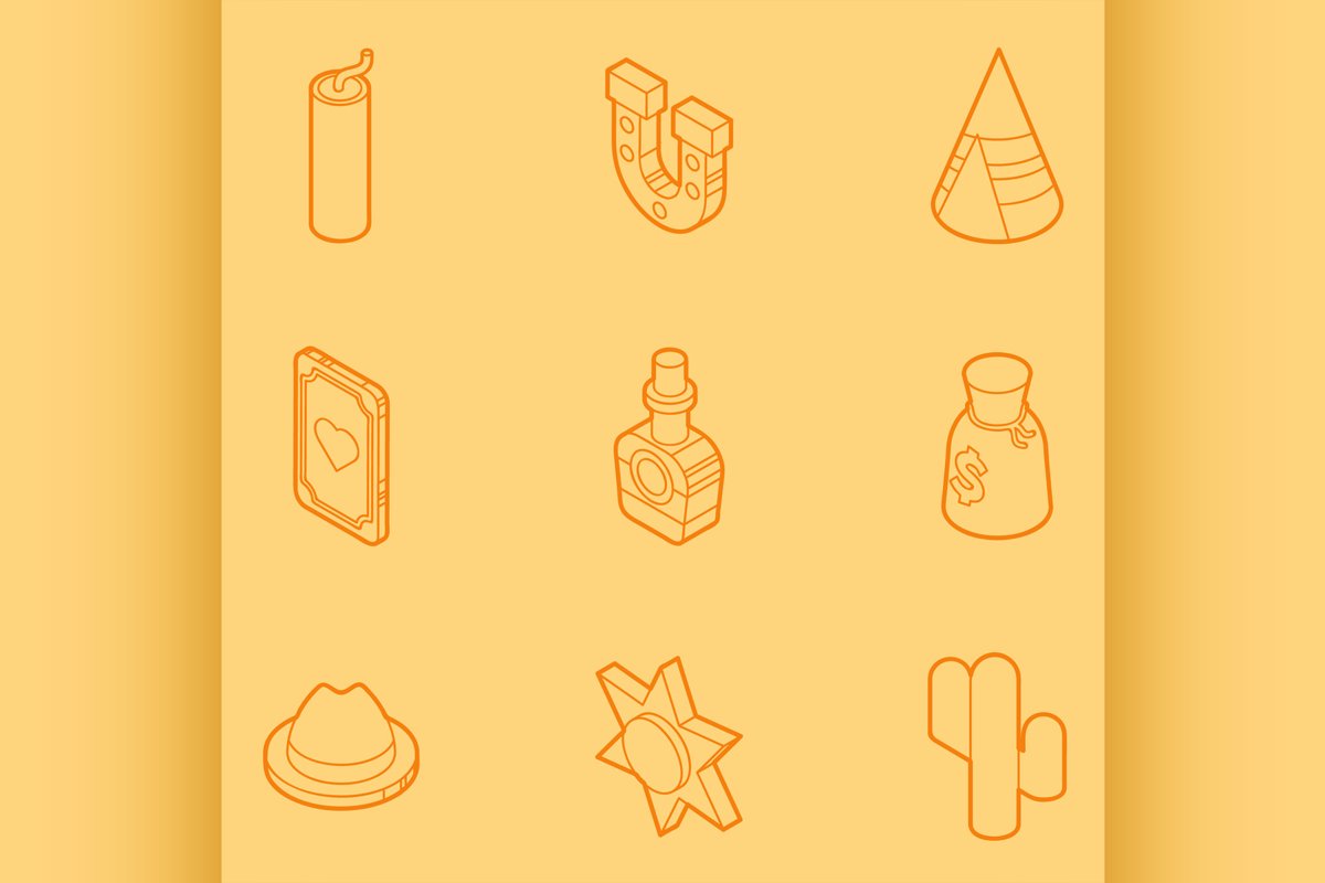 Wild west color outline isometric icons example image 1